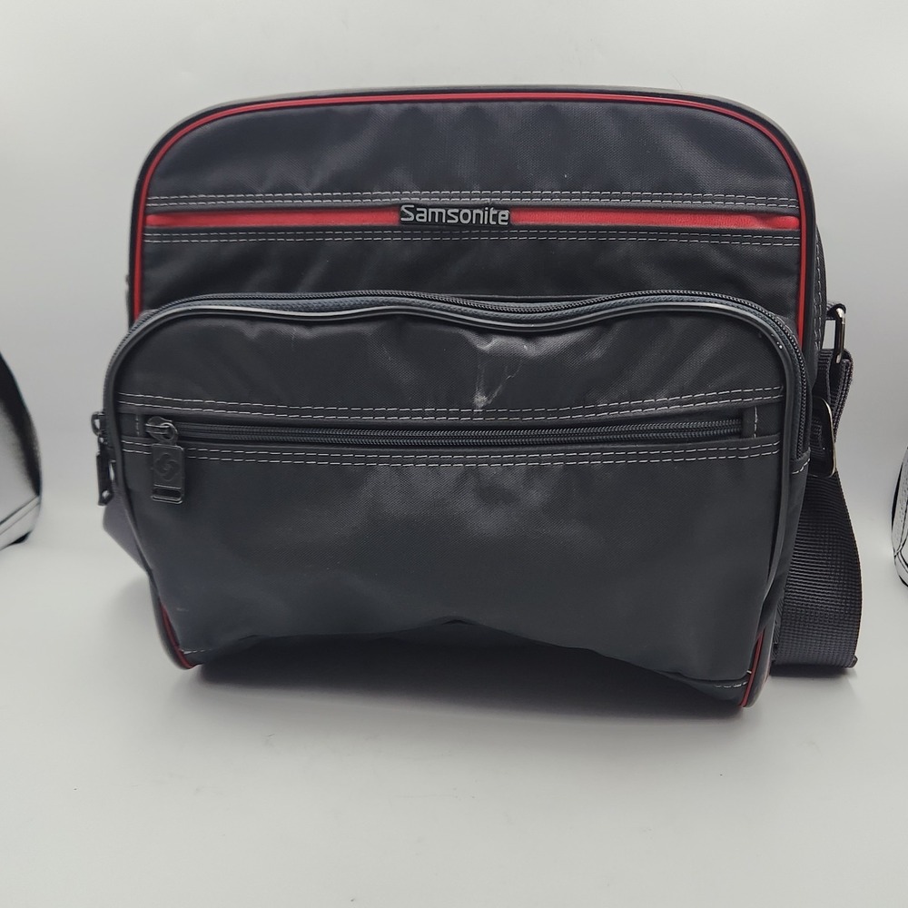 Vintage Samsonite Oyster Black Shoulder Bag‎ Red Trim Medium Travel Luggage 1987